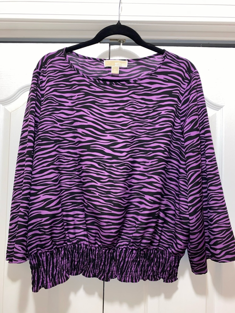Michael Kors Black and Purple Zebra-Print Smocked-Hem Long Sleeve Top